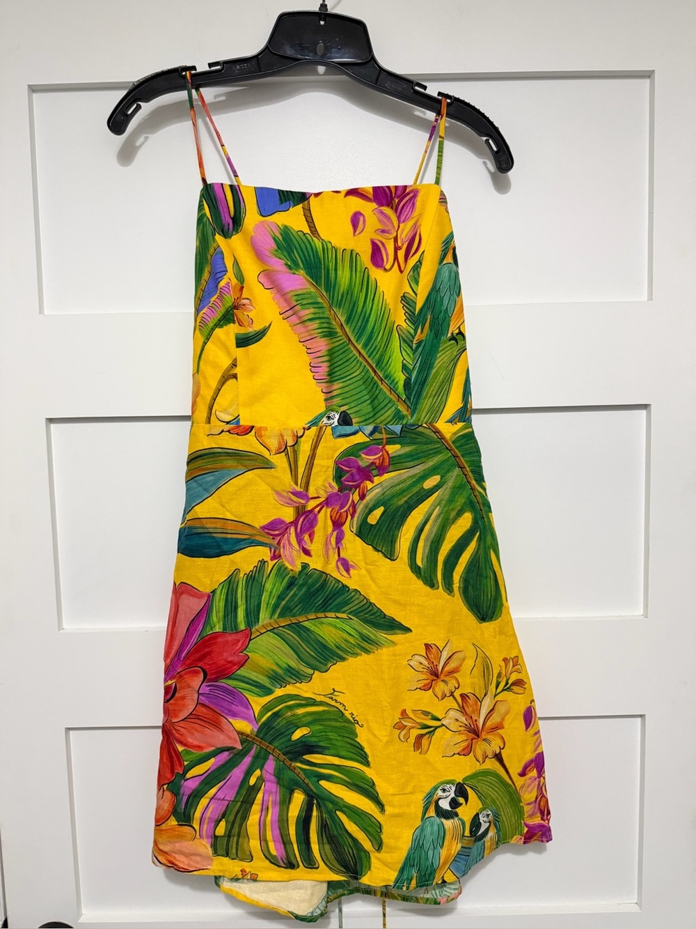 Farm Rio Birds Singing Yellow Mini Dress Large NWT Tropical Parrot 8304 - Picture 3 of 11